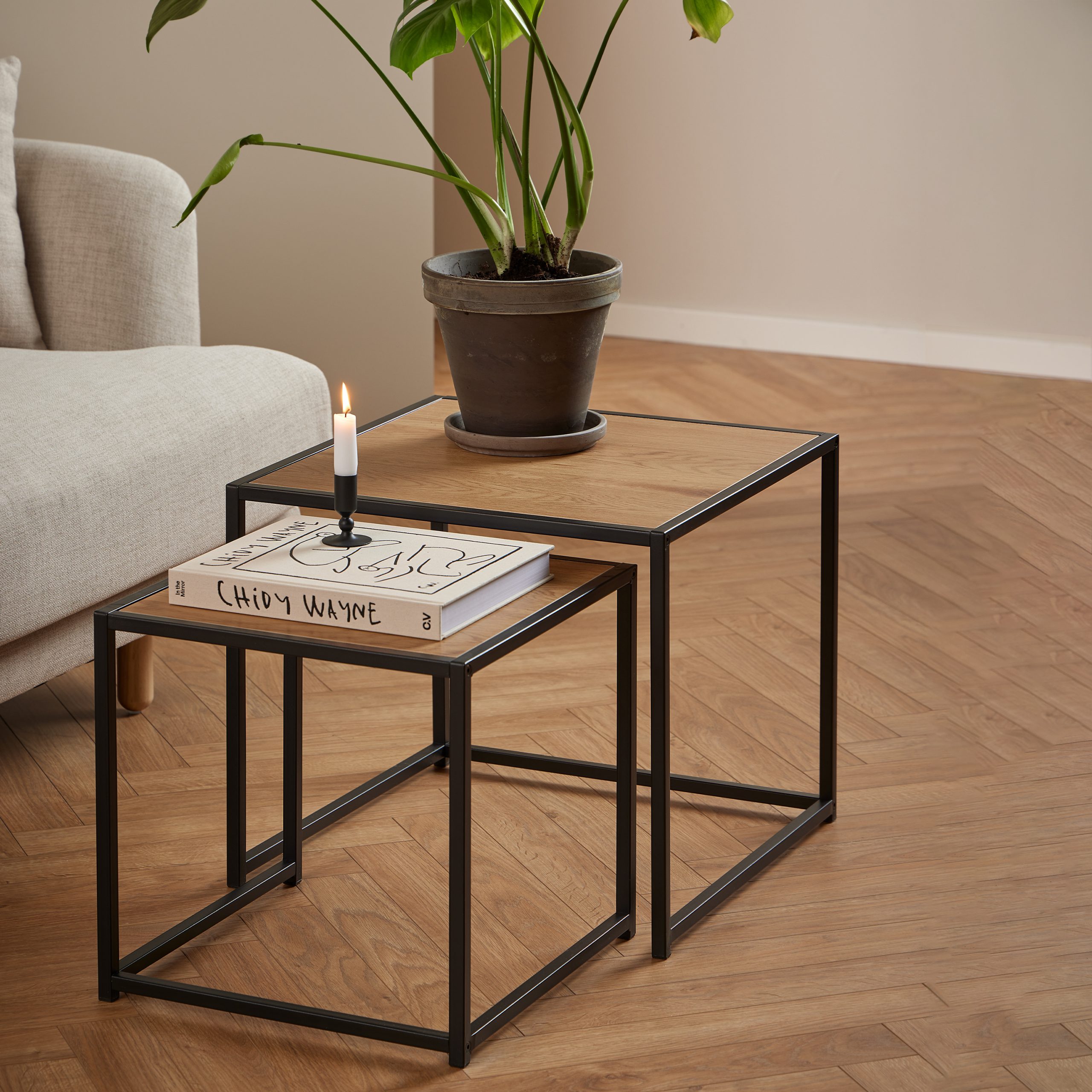 Seaford Black Metal Nest of Tables with Oak Top - Image 3