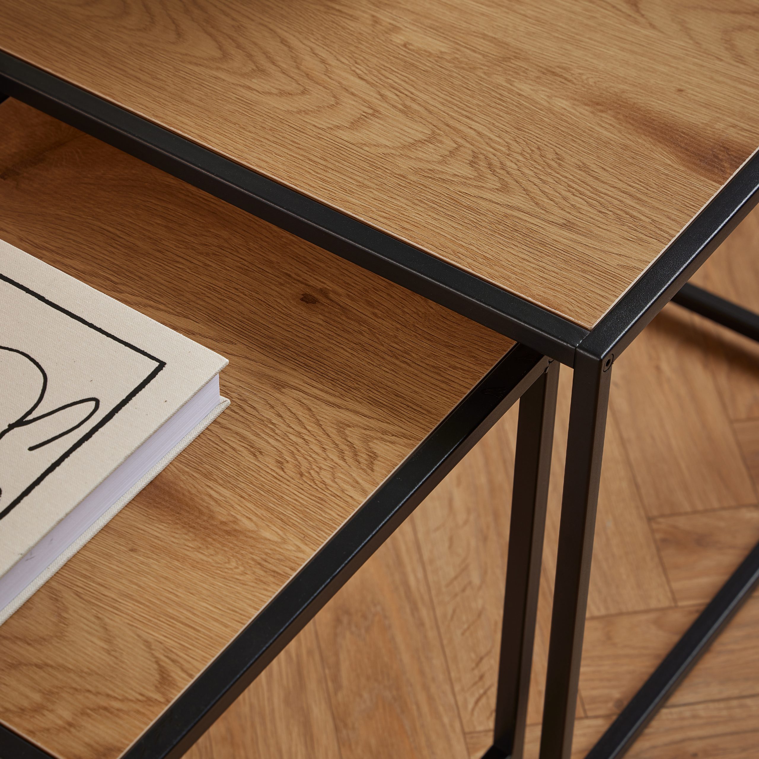 Seaford Black Metal Nest of Tables with Oak Top - Image 4