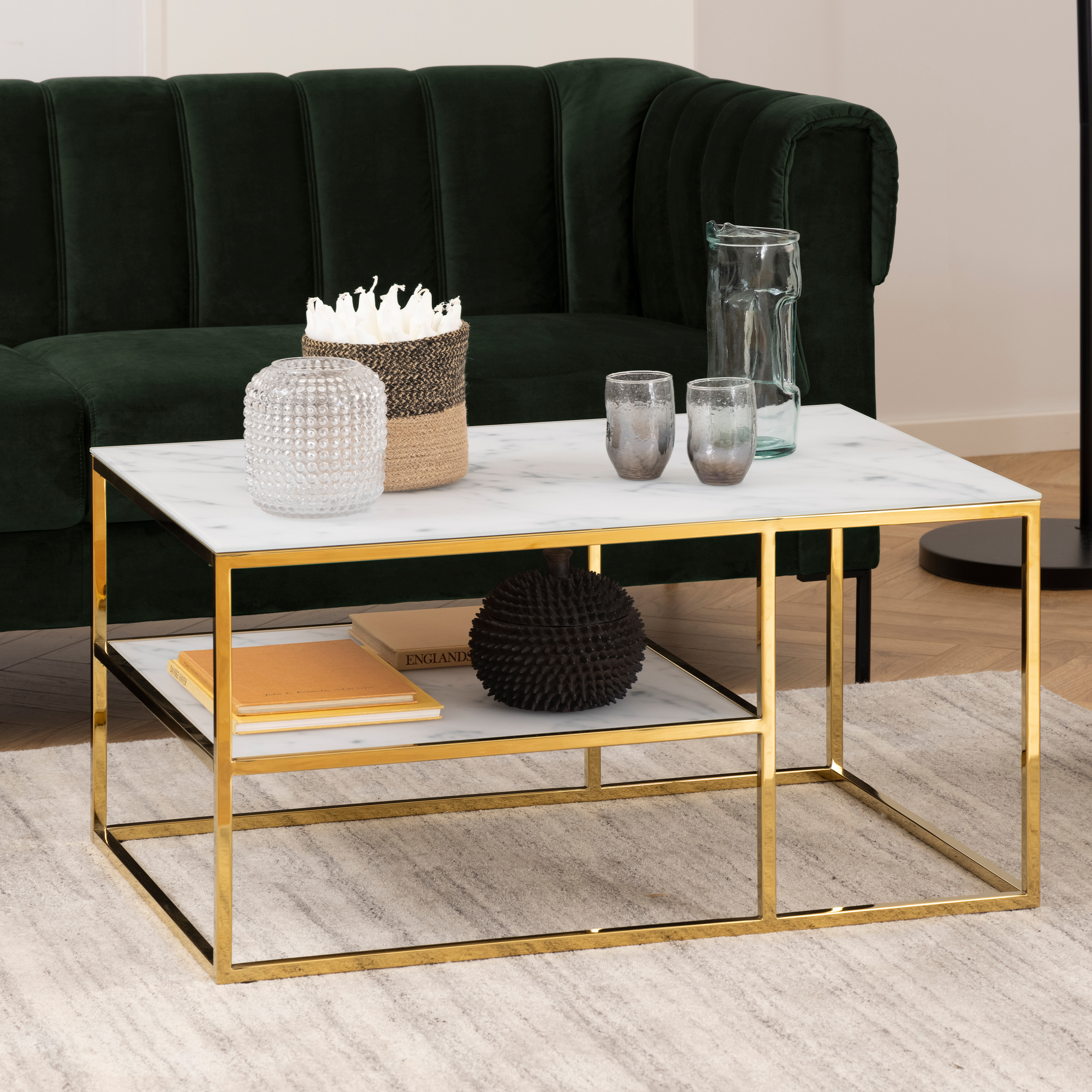 Alisma Open Shelf Coffee Table with White Crystal Clear Marble Glass Top & Gold Legs - Image 2