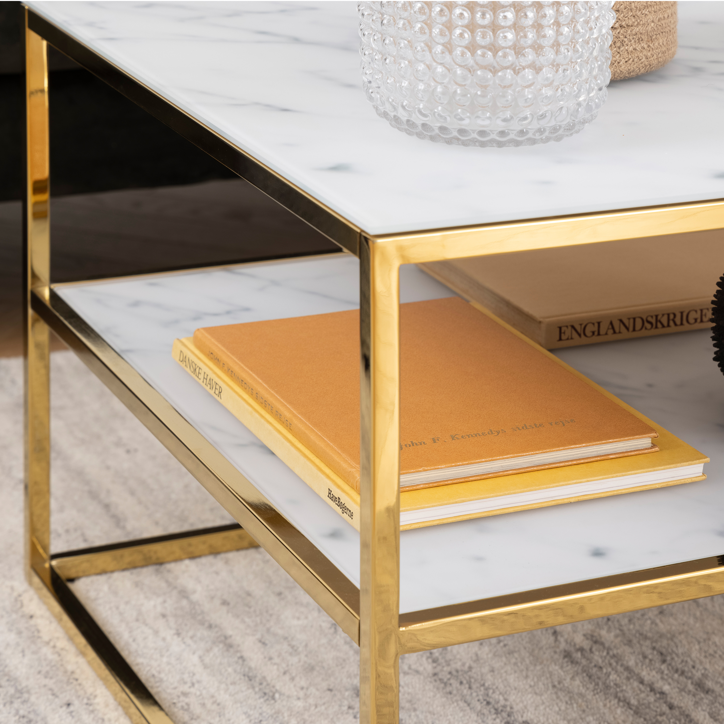 Alisma Open Shelf Coffee Table with White Crystal Clear Marble Glass Top & Gold Legs - Image 3