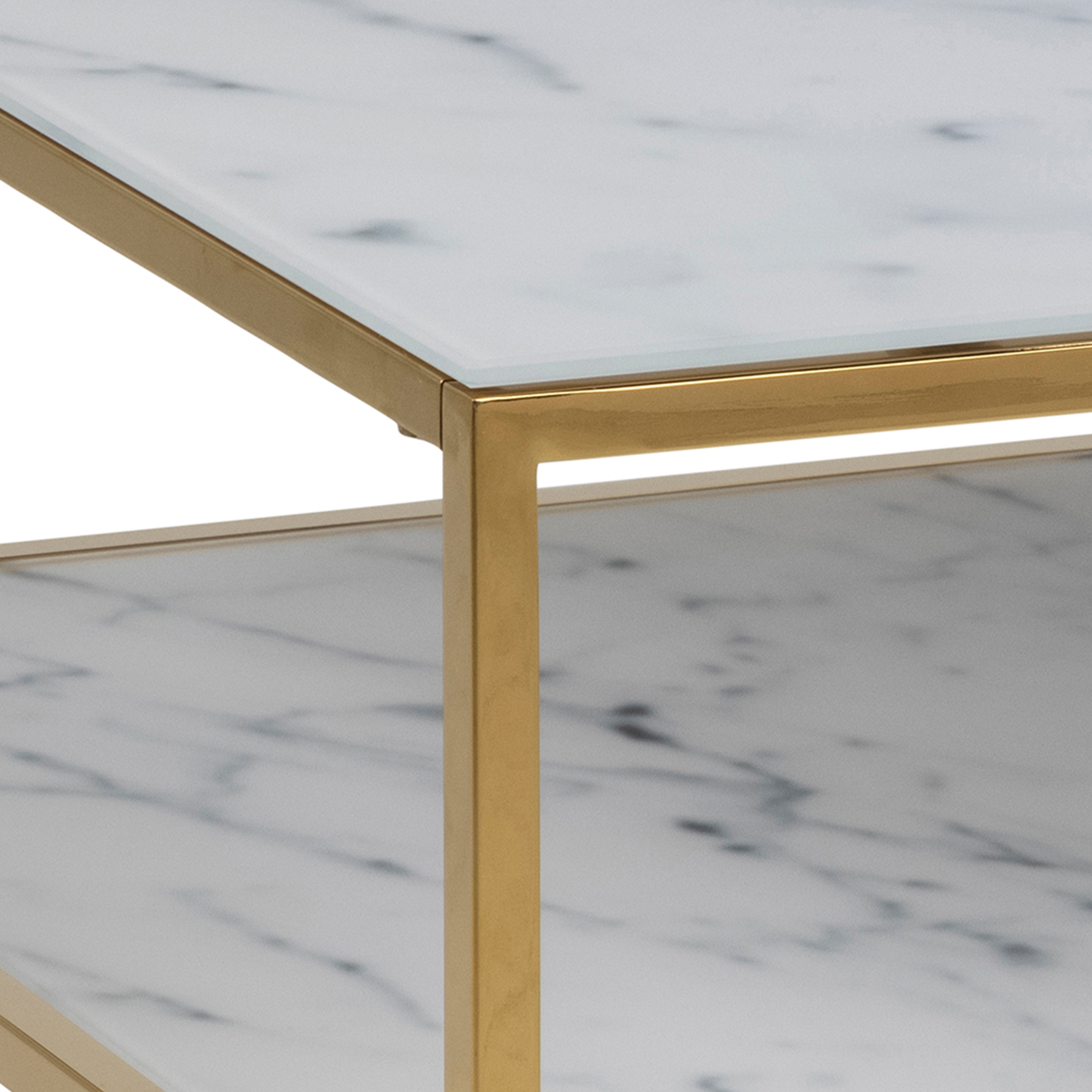 Alisma Open Shelf Coffee Table with White Crystal Clear Marble Glass Top & Gold Legs - Image 4