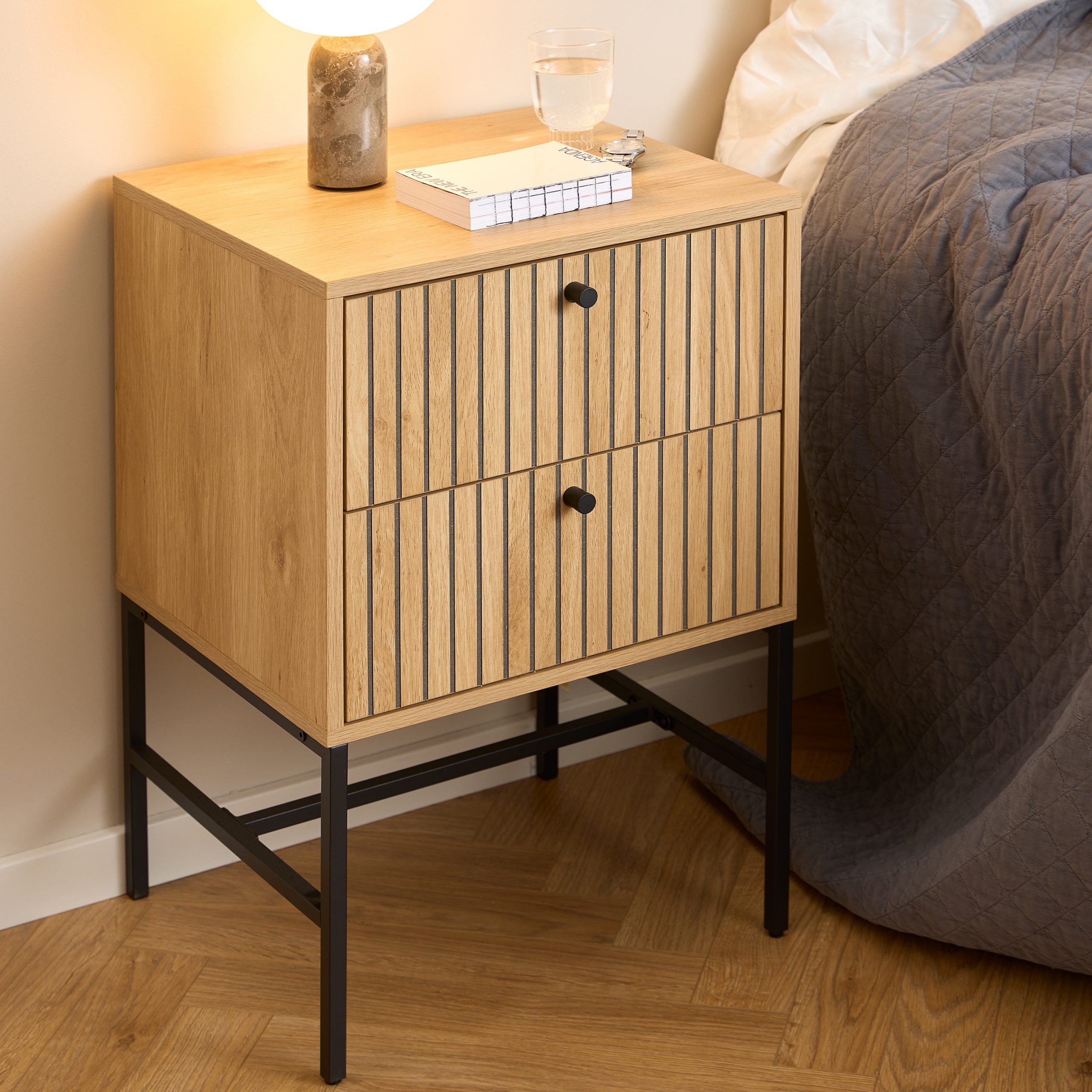 Albany 2 Drawer Bedside Table in Oak/Black Legs - Image 3